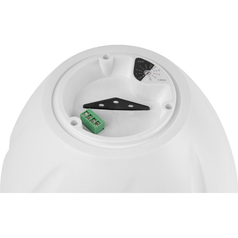 Carcasa blanca con bloque de terminales verde y dial de ajuste 70V/100V.