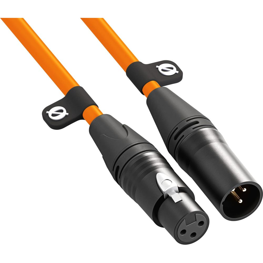 Due cavi audio XLR con connettori neri e cavi arancioni.