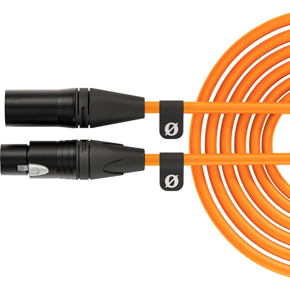 Due connettori XLR neri con cavo arancione e simbolo di diametro.