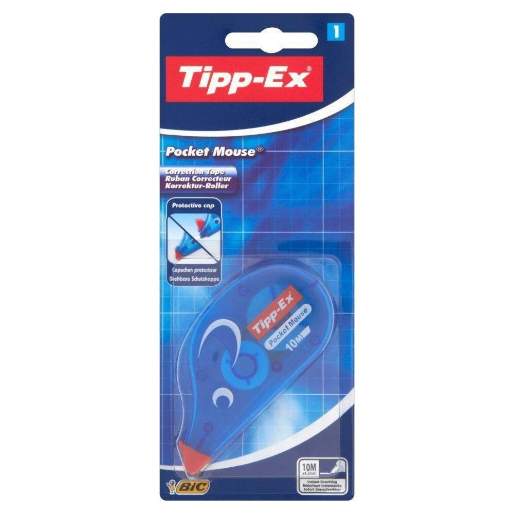 Blauer Tipp-Ex Korrekturroller mit Kappe auf Verpackung. BIC Logo unten.
