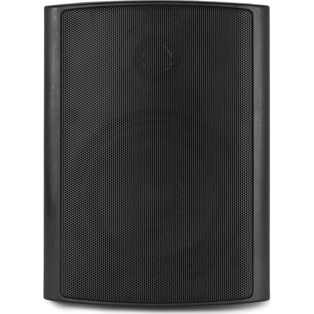 Un altavoz negro con rejilla de malla fina en la parte delantera.