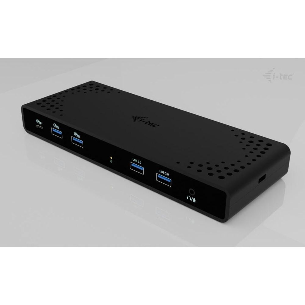 Hub USB nero con fori di ventilazione e porte.