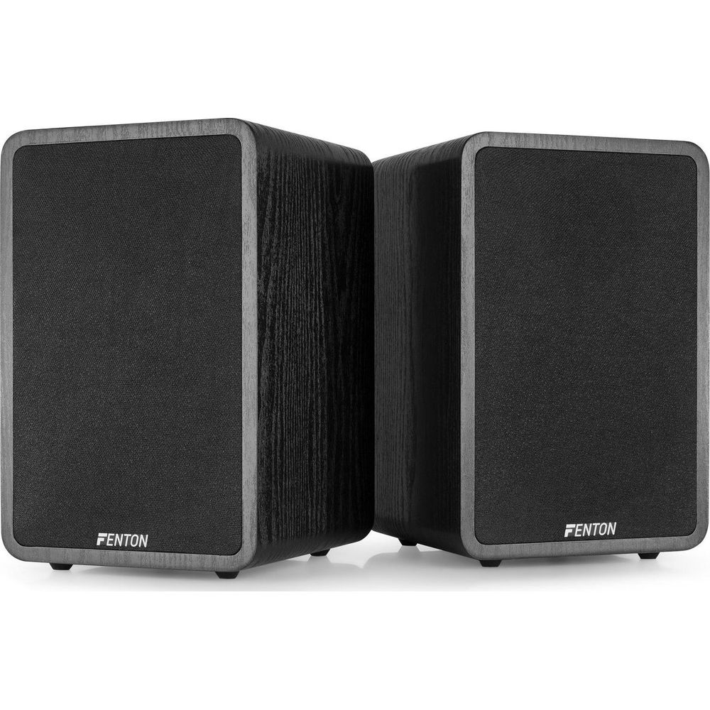 Dos altavoces negros con veta de madera y logo FENTON.