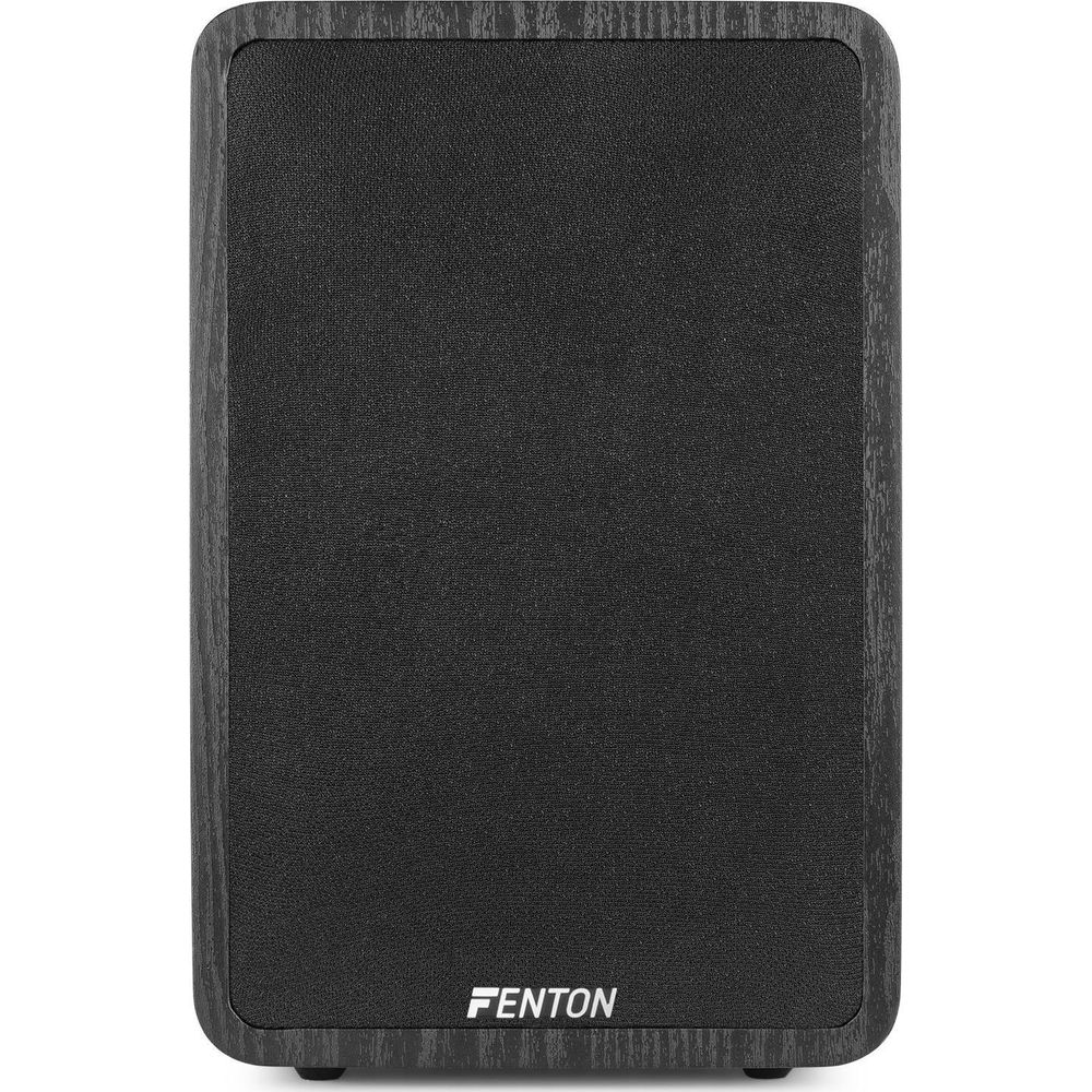 Un altavoz Fenton negro con textura de veta de madera.