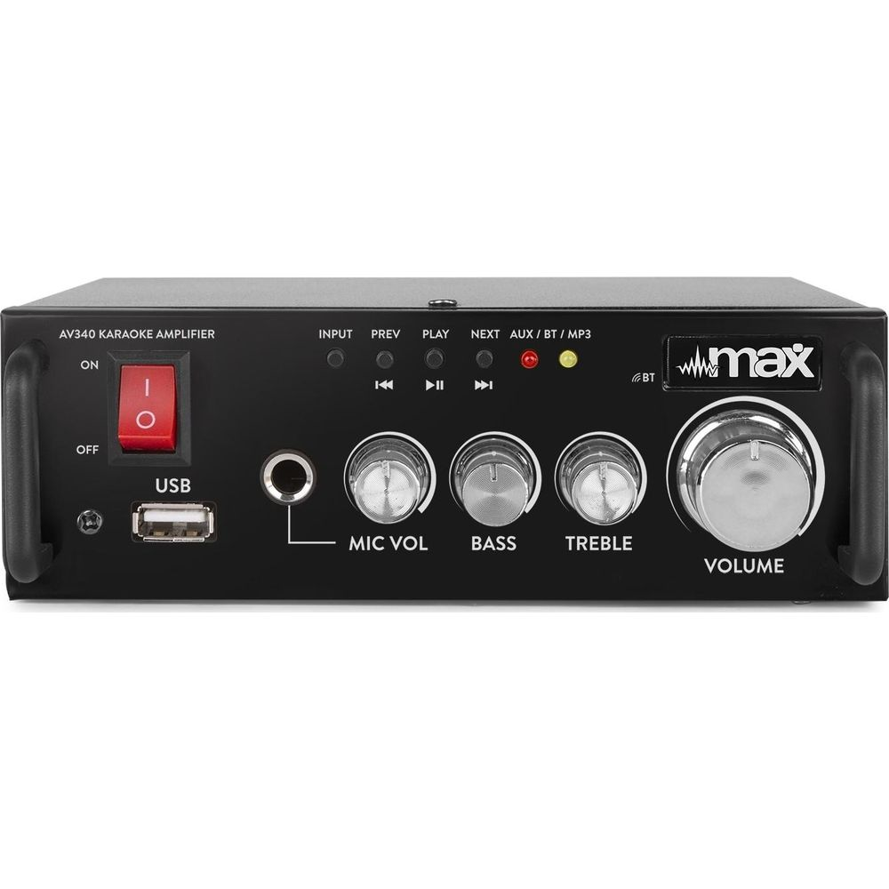 Un amplificador de karaoke negro con controles que incluyen USB, perillas y botones.