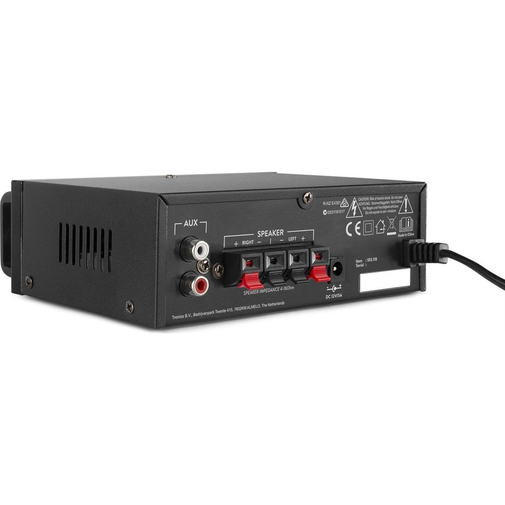 Vista trasera de un amplificador negro con conexiones.