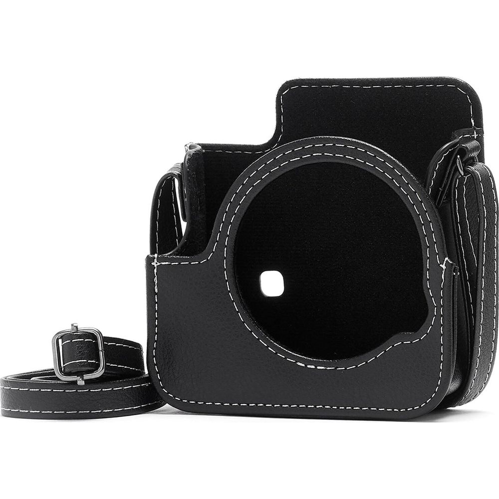 Black leather camera case with white stitching and a detachable strap.