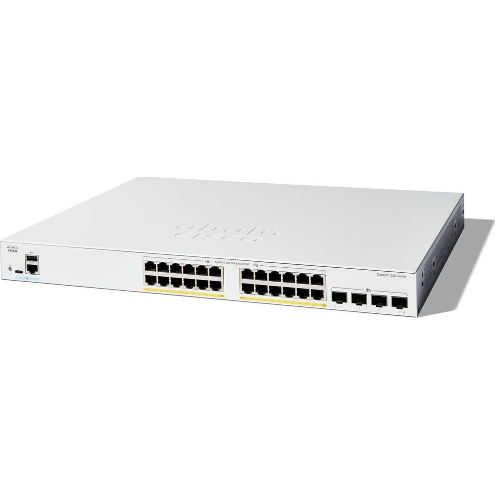 Biały przełącznik Cisco Catalyst 1200 Series z 24 portami Ethernet i 4 portami SFP+.