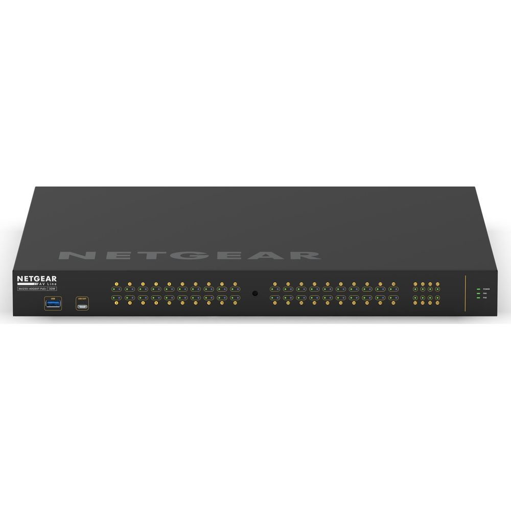 Czarny przełącznik NETGEAR z portem USB, wieloma portami Ethernet i diodami statusu.