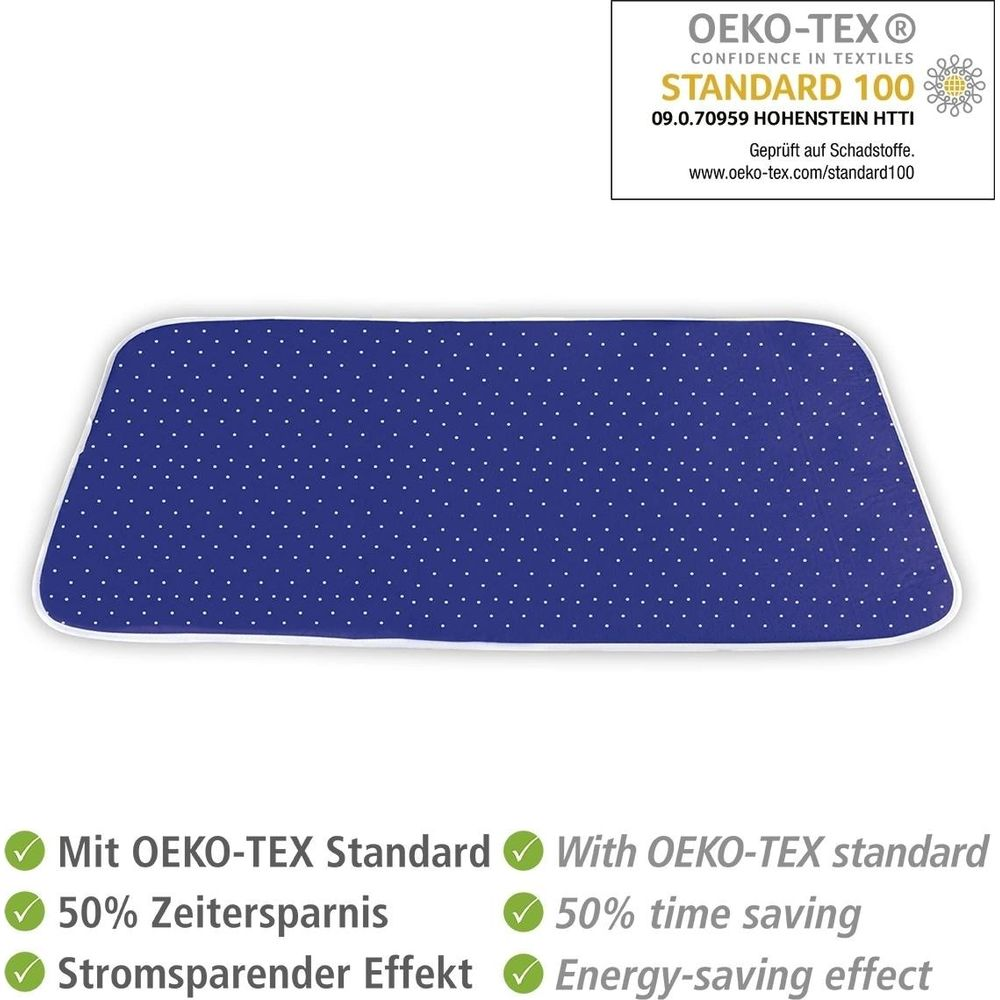 Blaues Pad mit weißen Punkten, OEKO-TEX-Zertifikat und Einsparvorteilen.