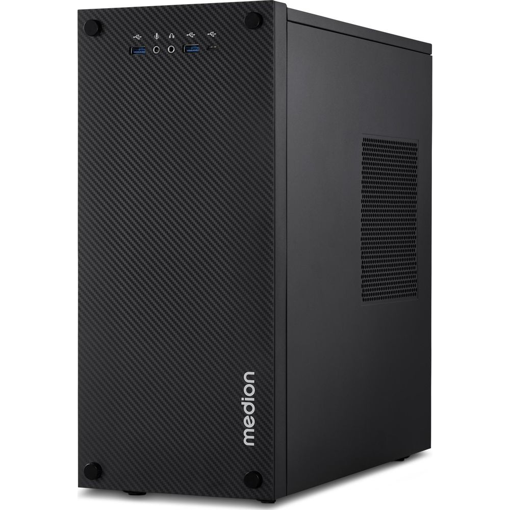 Tour PC Medion noire avec façade en fibre de carbone et ports en haut.