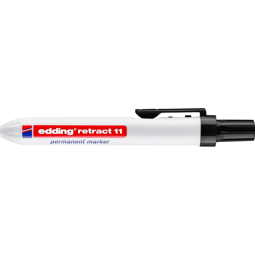 Ein weißer Edding Retract 11 Permanentmarker mit schwarzer Kappe und Clip.