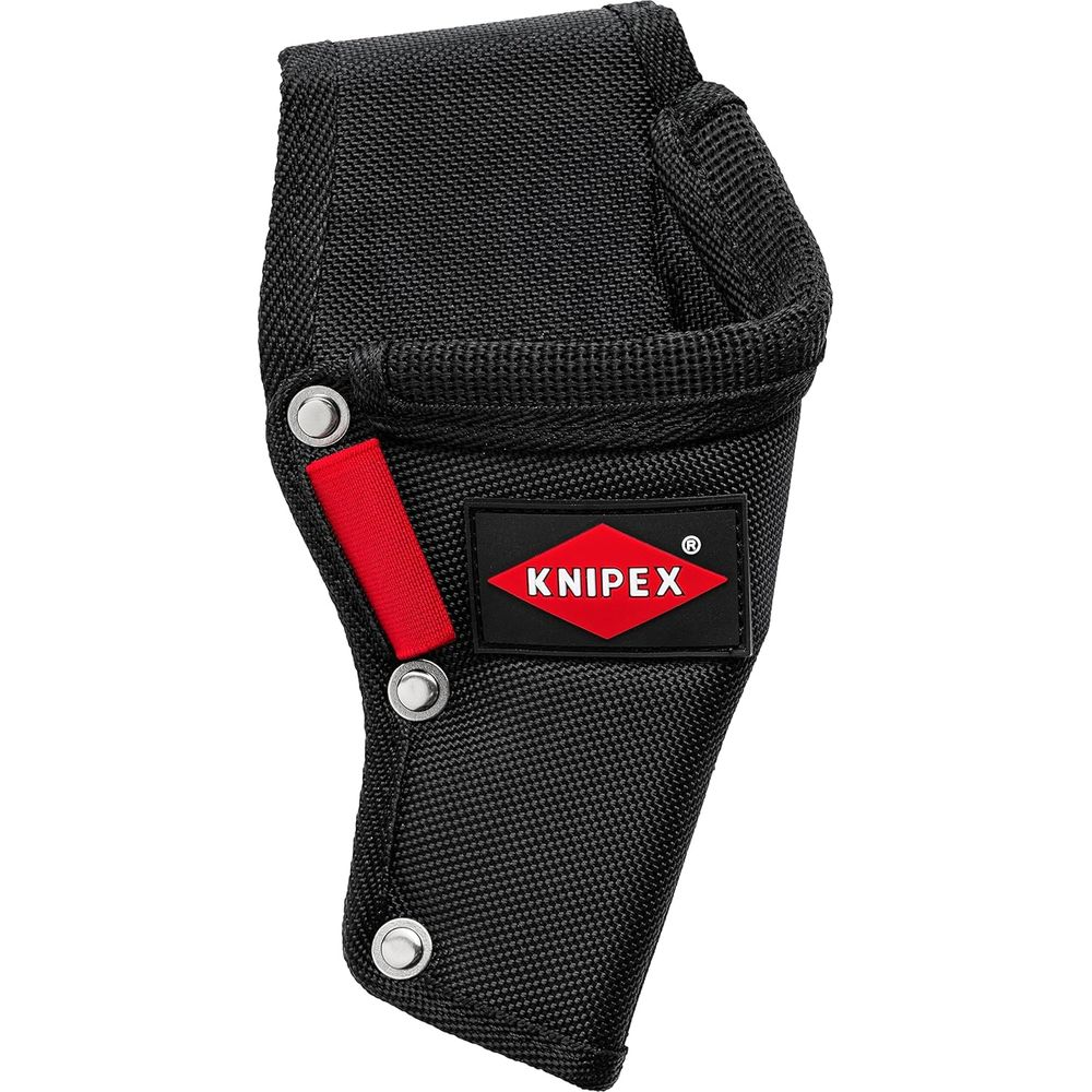 Schwarzer Werkzeughalter aus Stoff mit rotem Riemen und KNIPEX-Logo.
