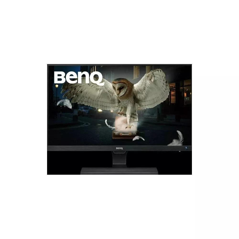 Eine Eule fliegt über einer kleinen Truhe mit Federn. Benq Logo.