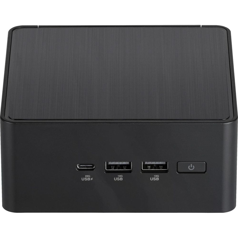 Ein schwarzer Mini-PC mit gebürsteter Oberfläche und USB-Anschlüssen.