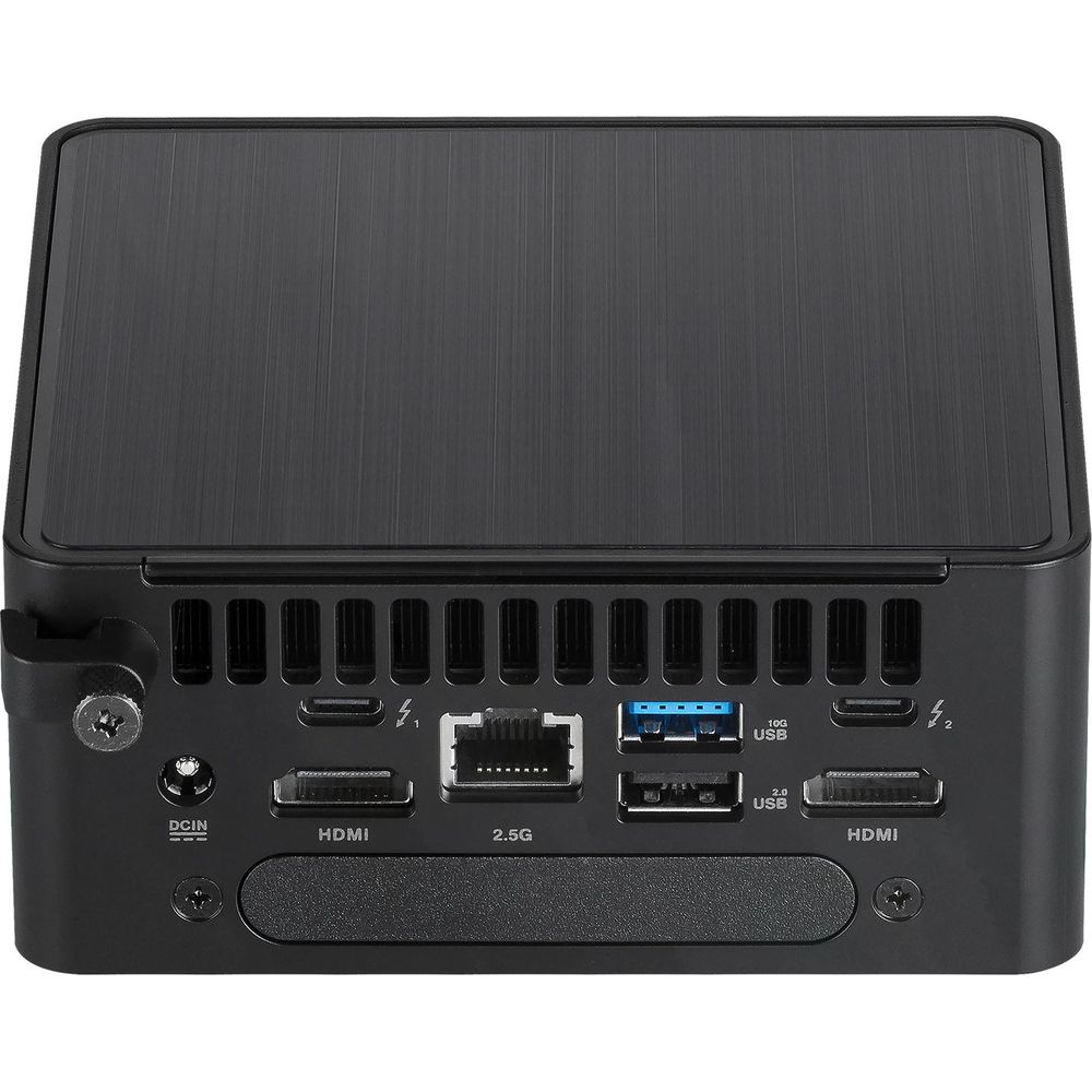 Rückseite eines schwarzen Mini-PCs mit Anschlüssen: DCIN, HDMI, 2.5G, 10G USB, USB 2.0, HDMI.