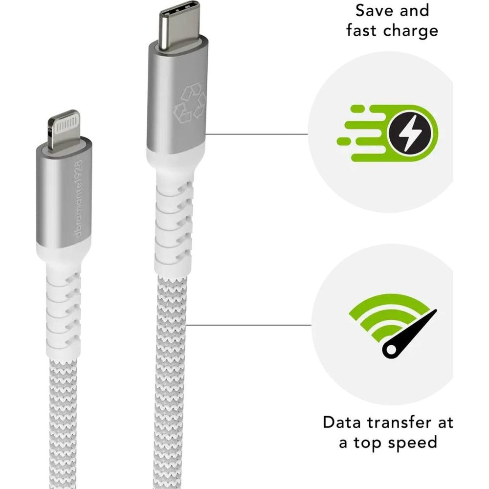 Kabel USB-C i Lightning ze srebrnymi złączami i białym, plecionym kablem.