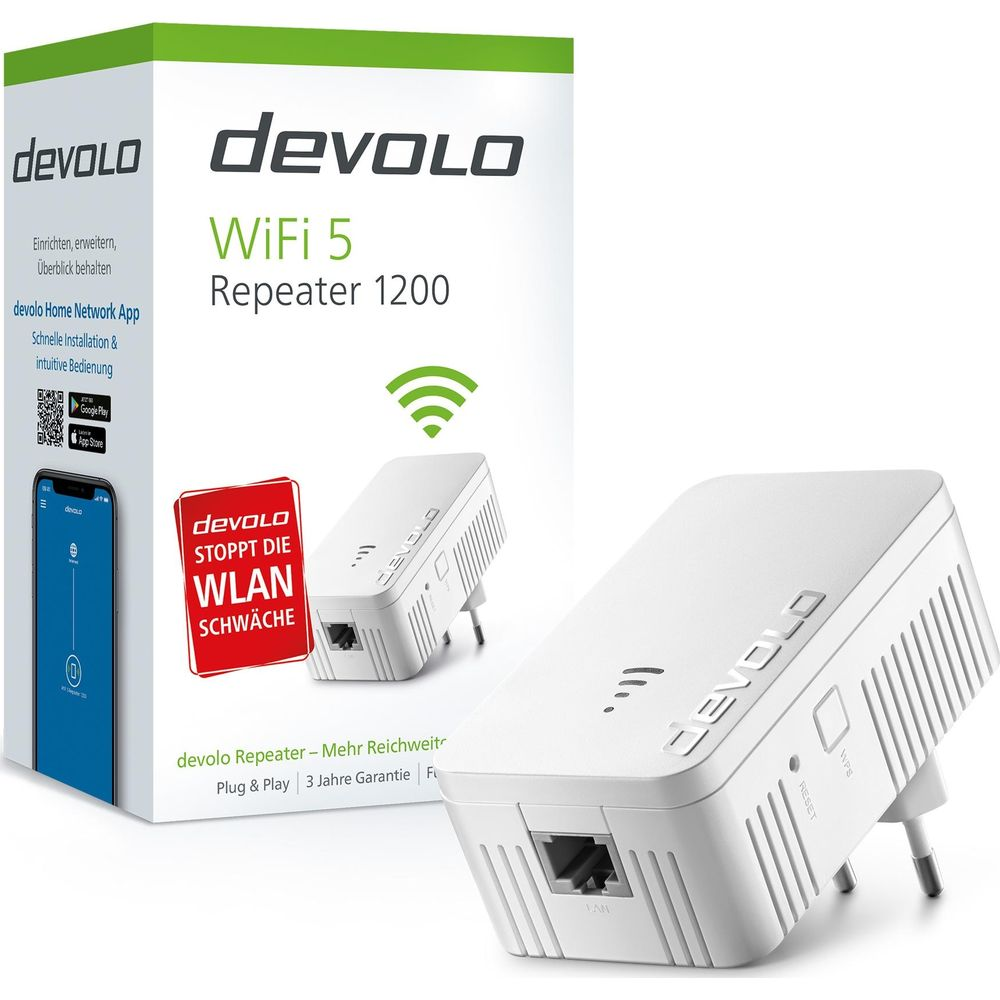 Devolo WiFi 5 Repeater 1200 product box and repeater on a white background.