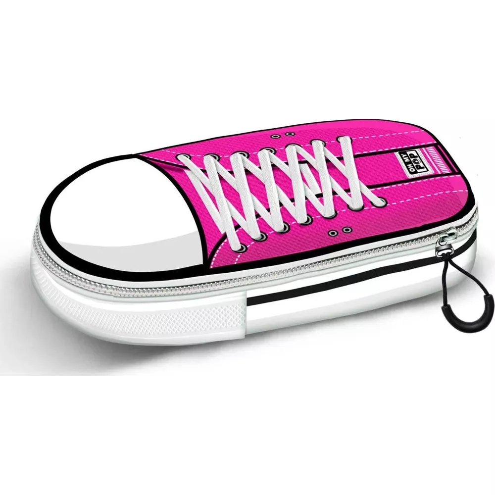 Ein pinker Stiftehalter in Form eines Sneakers mit weißen Schnürsenkeln und Reißverschluss.