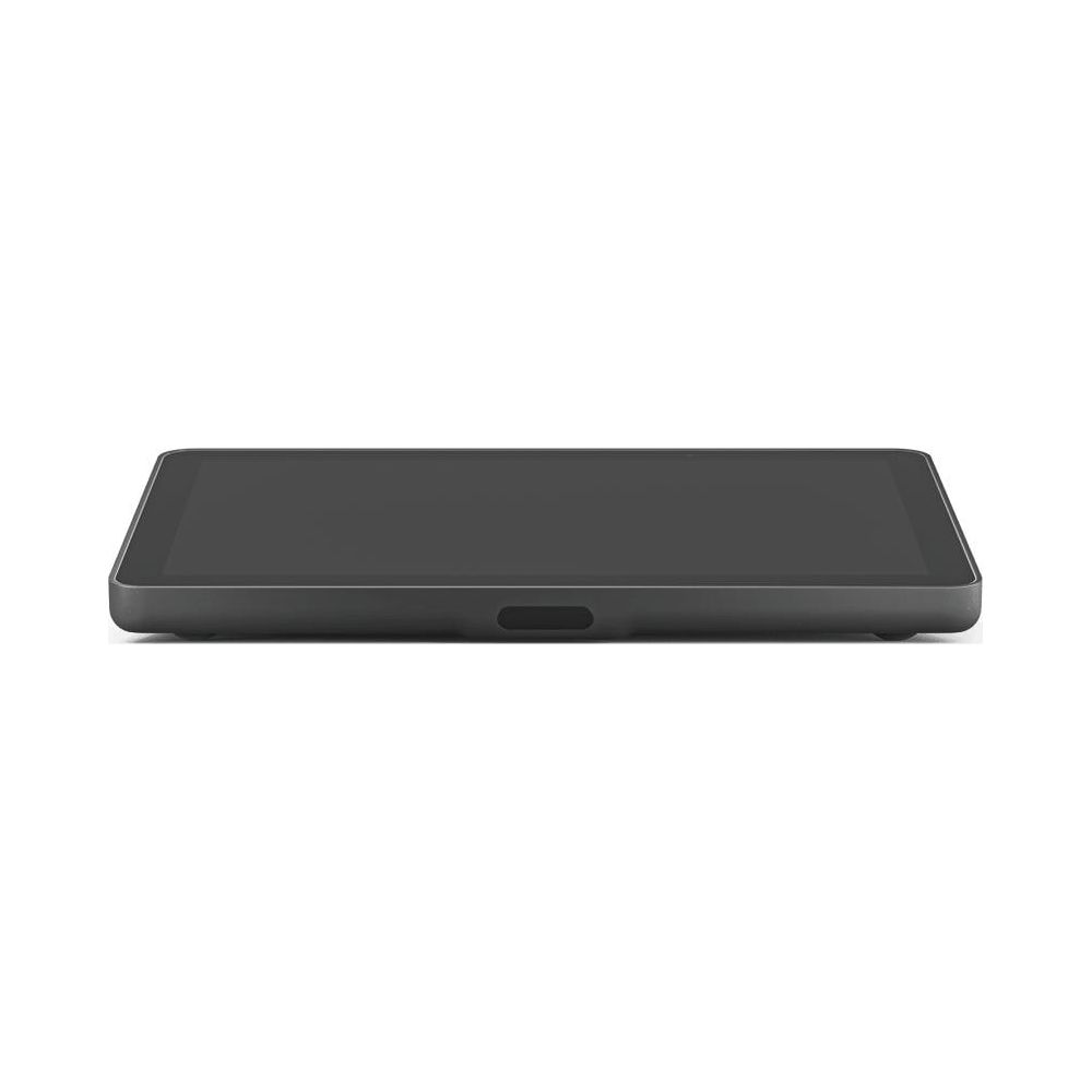 Un tablet scuro è appoggiato su sfondo bianco. Una fessura stretta è visibile sul lato.