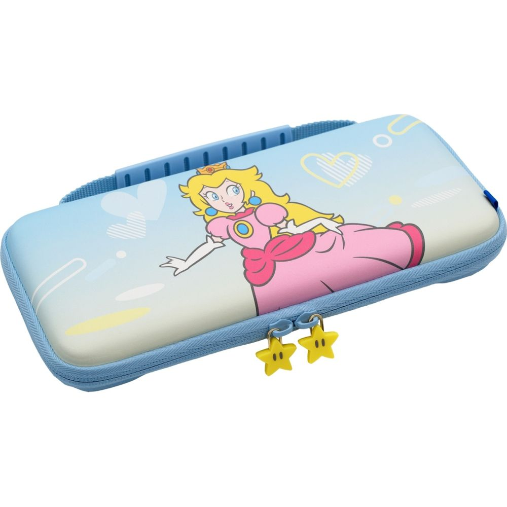 Eine hellblaue Hülle mit Prinzessin Peach und Sternen als Reißverschlussanhängern.