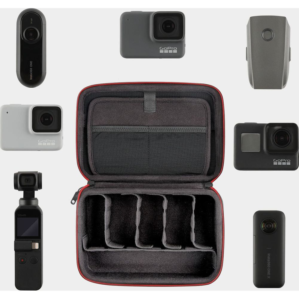 Una custodia per fotocamera aperta con varie fotocamere e accessori.