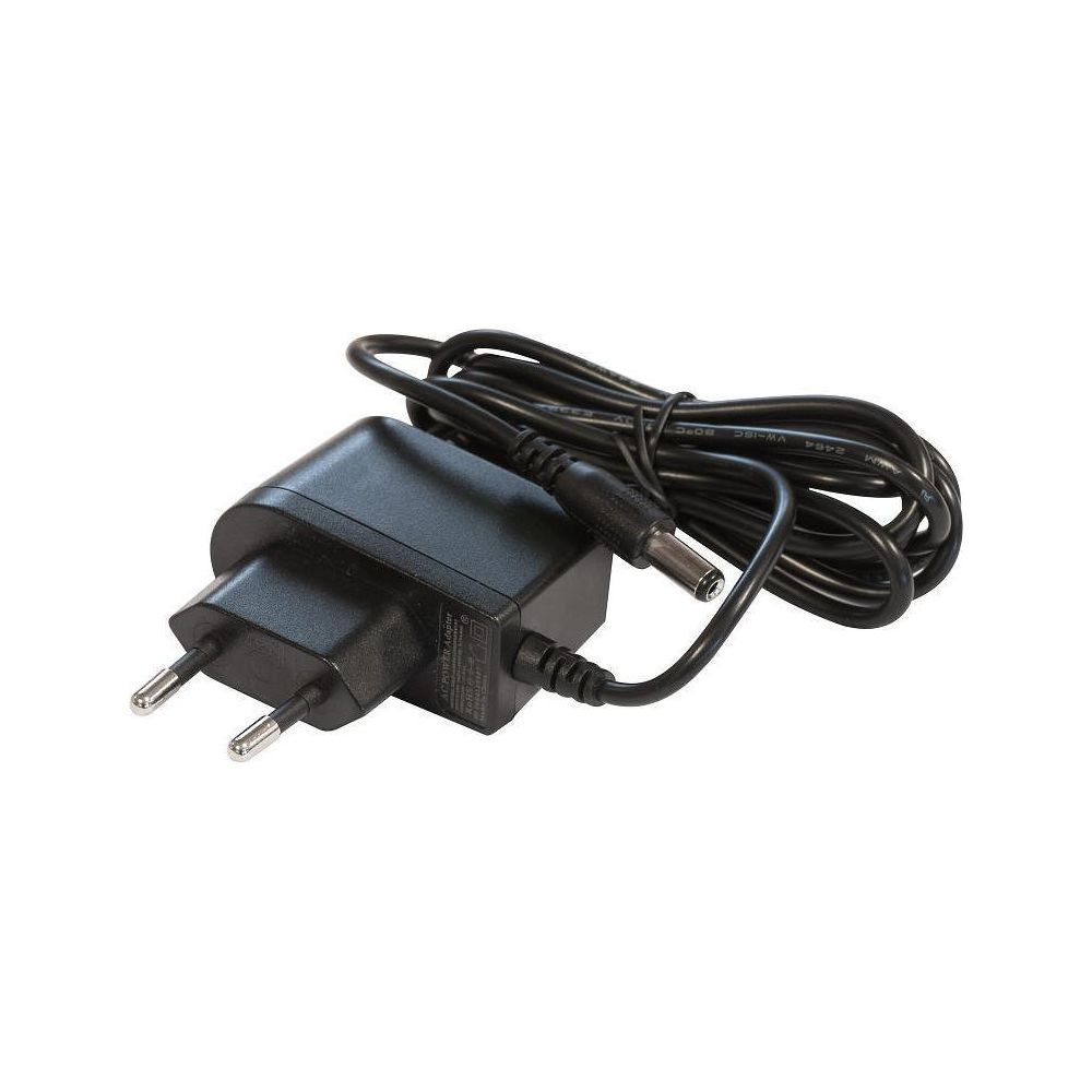 Czarny zasilacz z dwoma metalowymi bolcami i zwiniętym kablem.