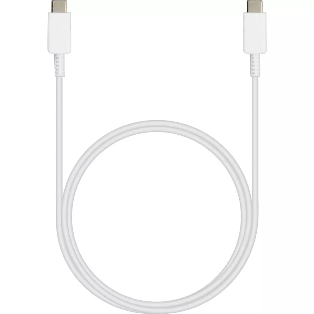 A white USB-C cable with two connectors on a white background.