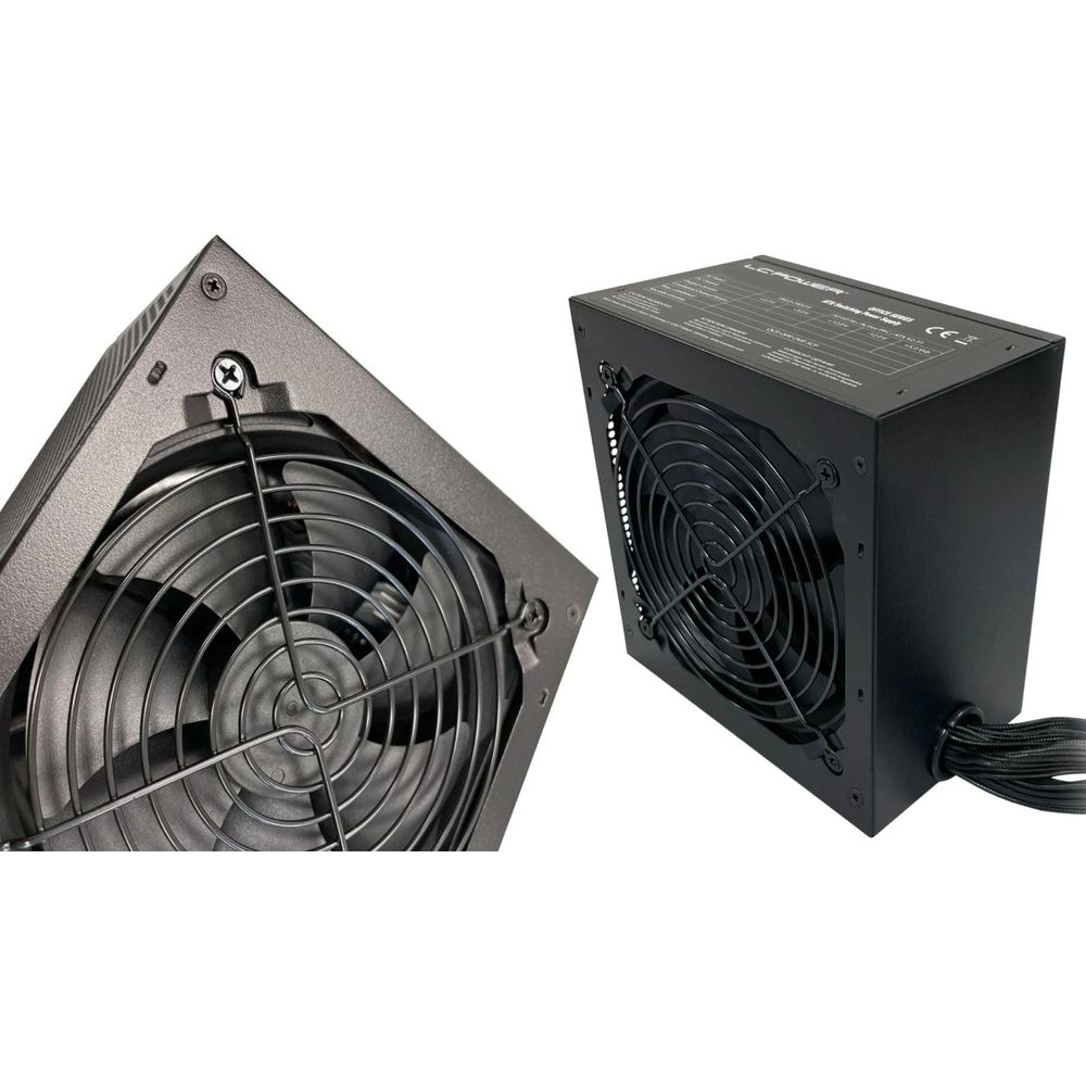 Une alimentation noire avec grilles de ventilateur et câbles.