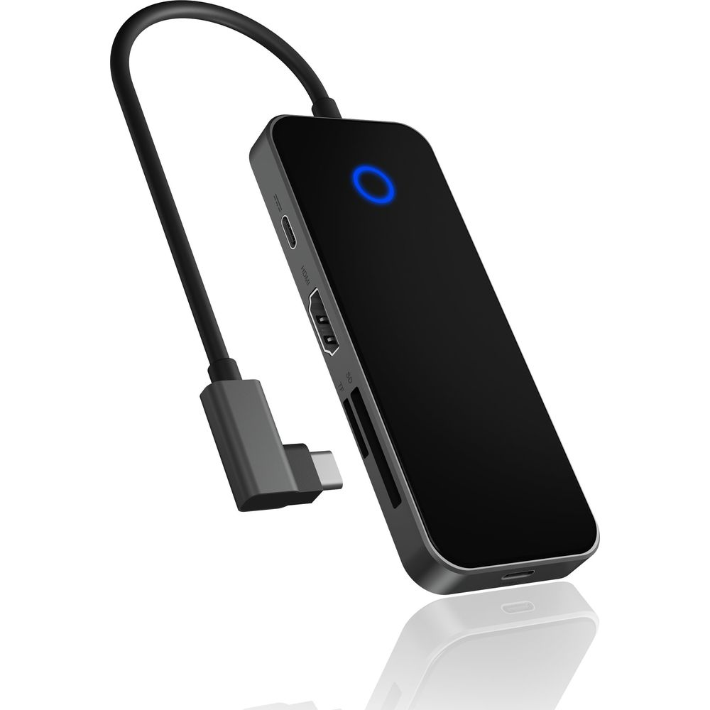 Schwarzer USB-C-Hub mit HDMI-, SD- und TF-Anschlüssen, blauer LED.