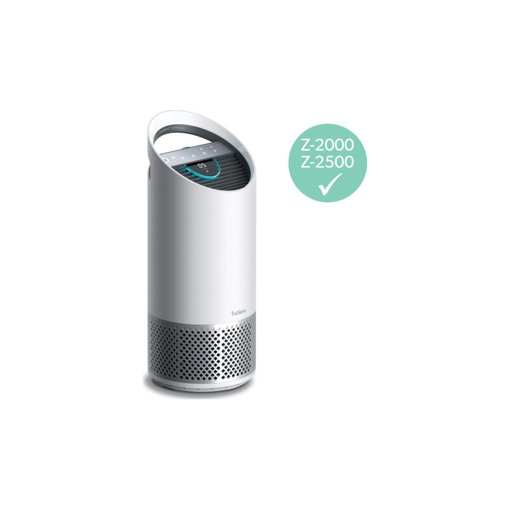 Biały oczyszczacz powietrza z srebrną kratką i niebieskim wyświetlaczem.