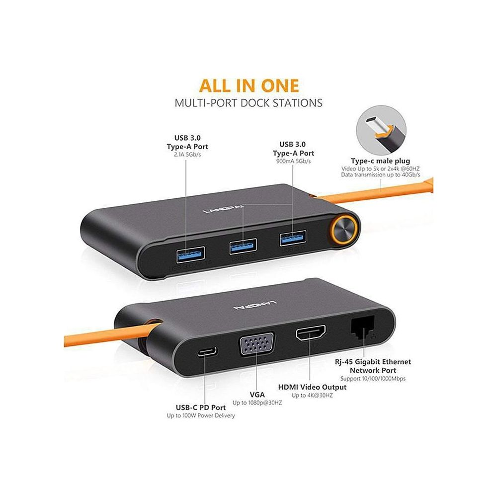 Un hub di docking station nero con porte USB-A, USB-C, HDMI, VGA ed Ethernet.