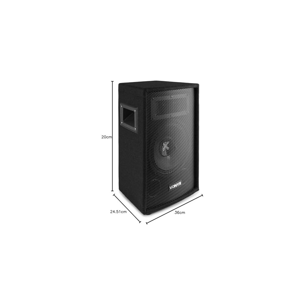 Altavoz negro con logo plateado y dimensiones.