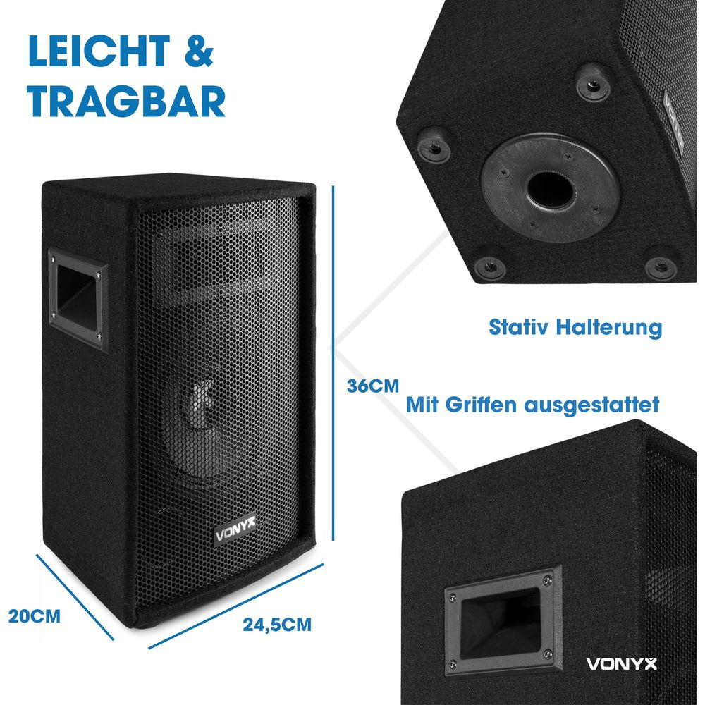 Altavoz negro con medidas 20x24,5x36cm. Ligero y portátil.