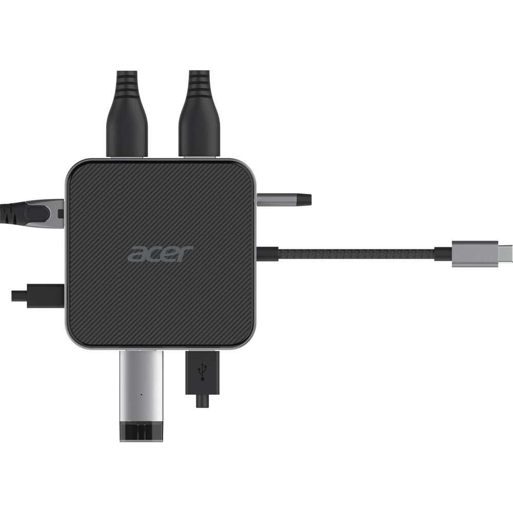 Hub USB-C Acer nero con più porte tra cui USB-A, USB-C e HDMI.