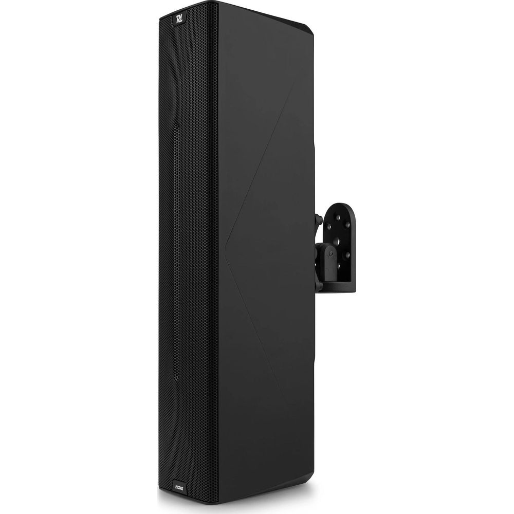 Altavoz negro con soporte de pared, logo arriba a la izquierda.