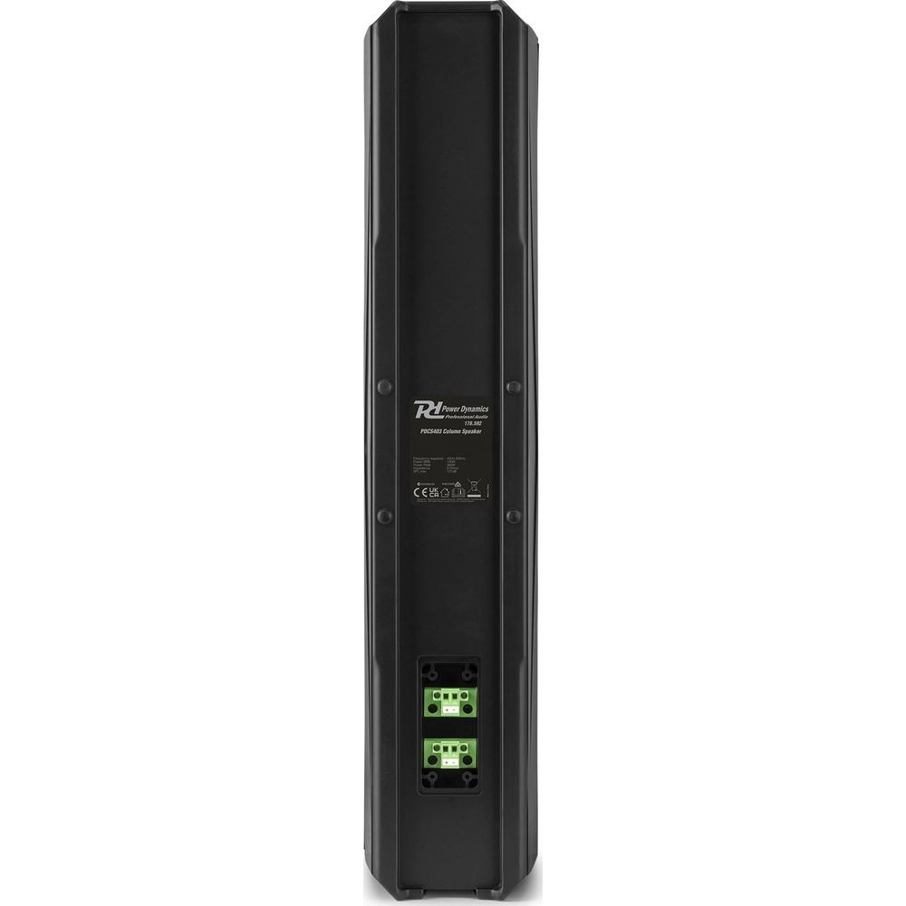 Altavoz negro con conectores plateados y logo de marca en la parte trasera.