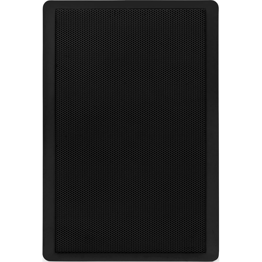 Una rejilla de altavoz negra con patrón hexagonal sobre fondo blanco.