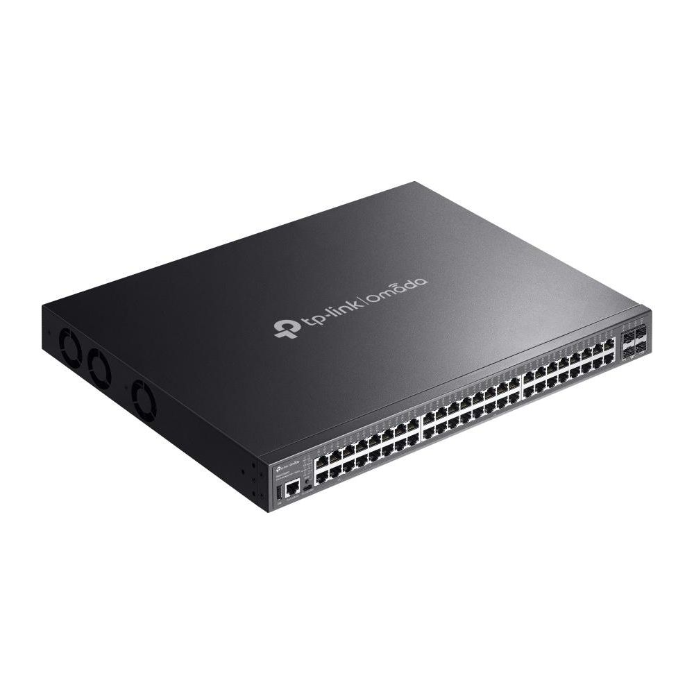 Switch réseau noir avec de nombreux ports et logo TP-Link Omada.