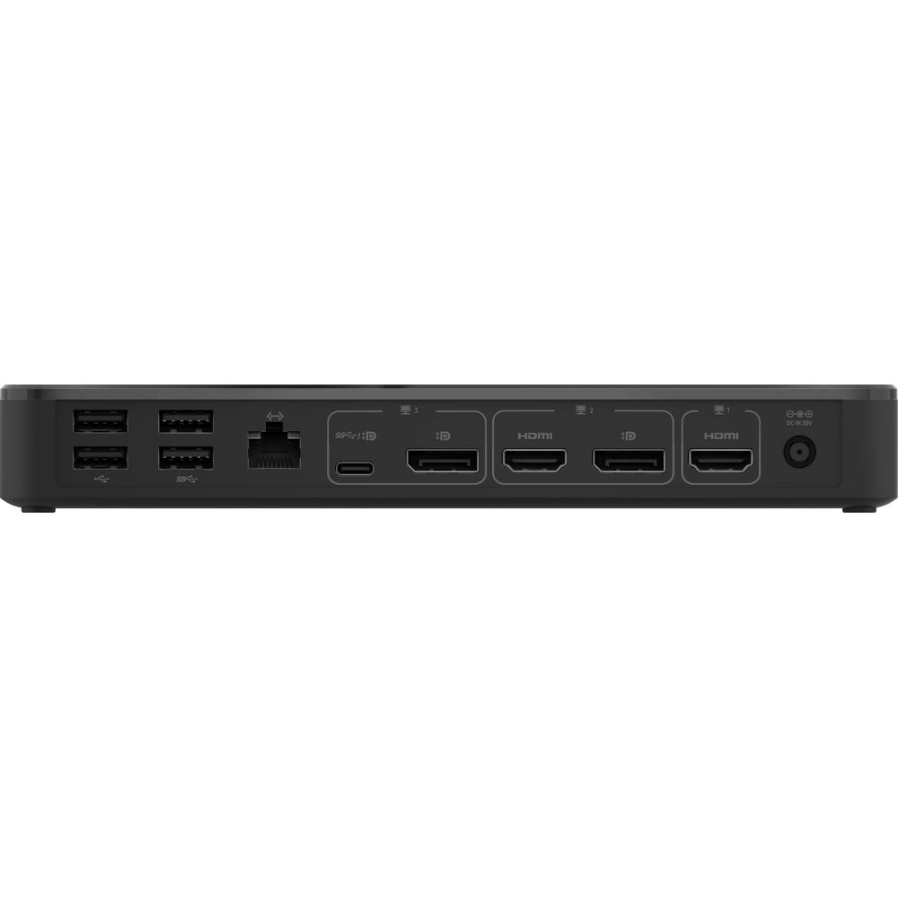 Station d'accueil noire avec ports USB, Ethernet, USB-C, HDMI et entrée d'alimentation.