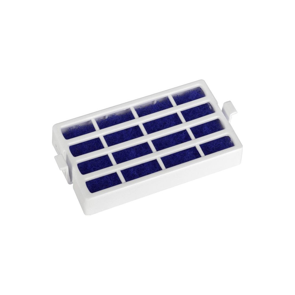 Ein weißer Wasserfilter mit blauen Filtereinsätzen in einem Gittermuster.