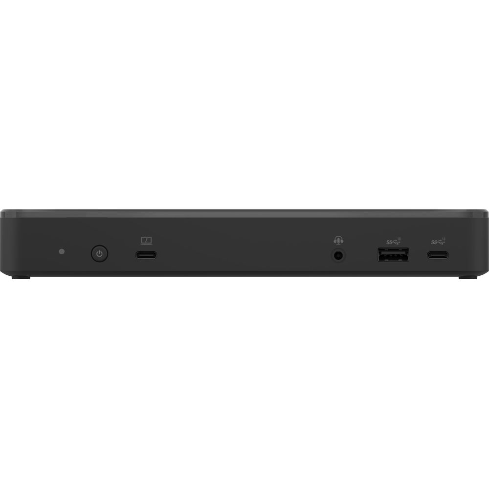 Station d'accueil noire pour ordinateur portable avec ports: alimentation, USB-C, prise casque, USB-A, USB-C.