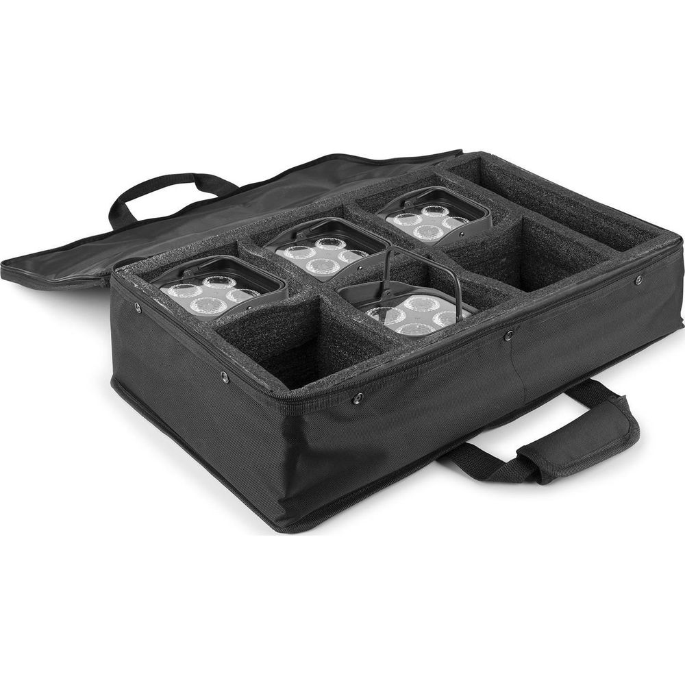Bolsa negra con insertos de espuma para cuatro luces.