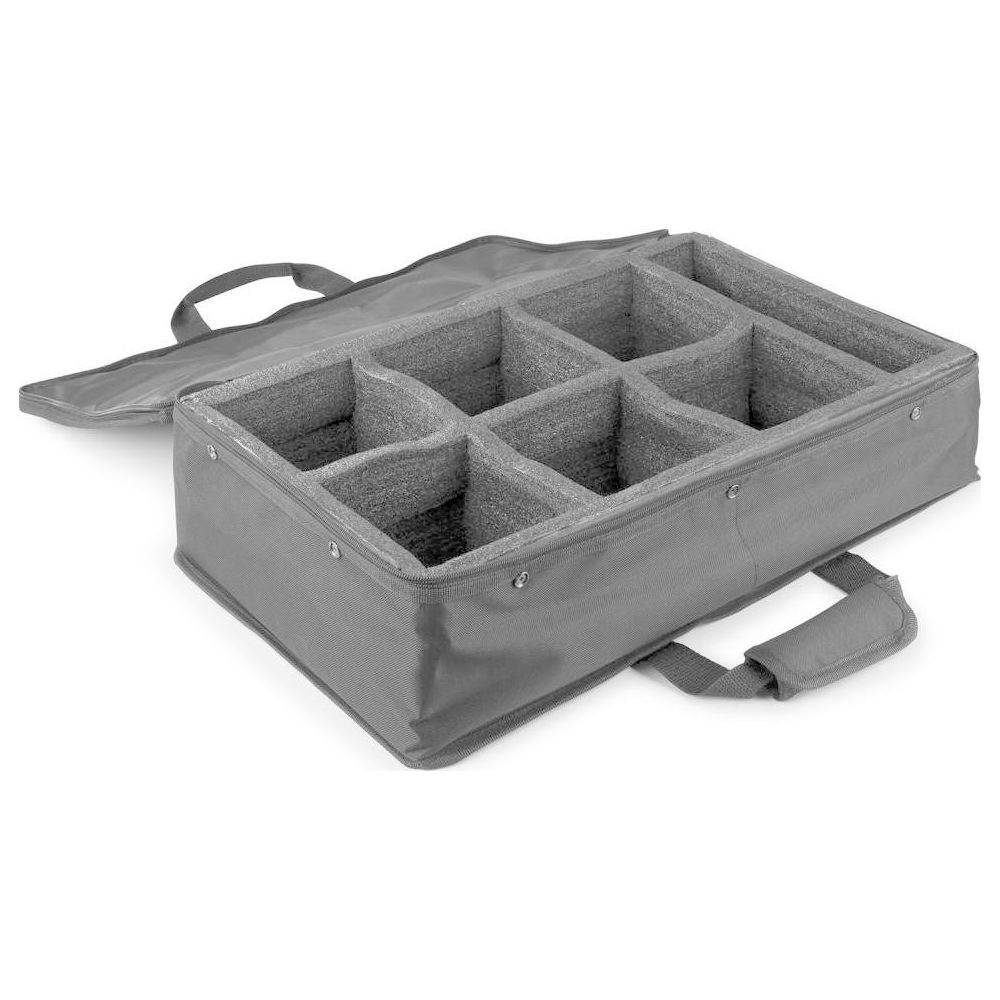 Una funda de tela gris con interior acolchado, dividida en ocho compartimentos.
