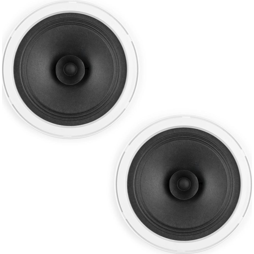 Dos altavoces redondos blancos con conos negros sobre fondo blanco.