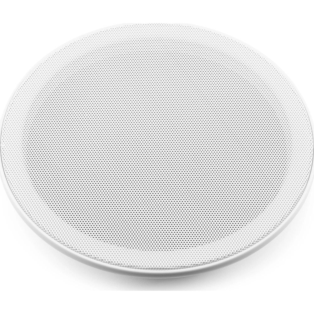 Un altavoz redondo blanco con superficie perforada.