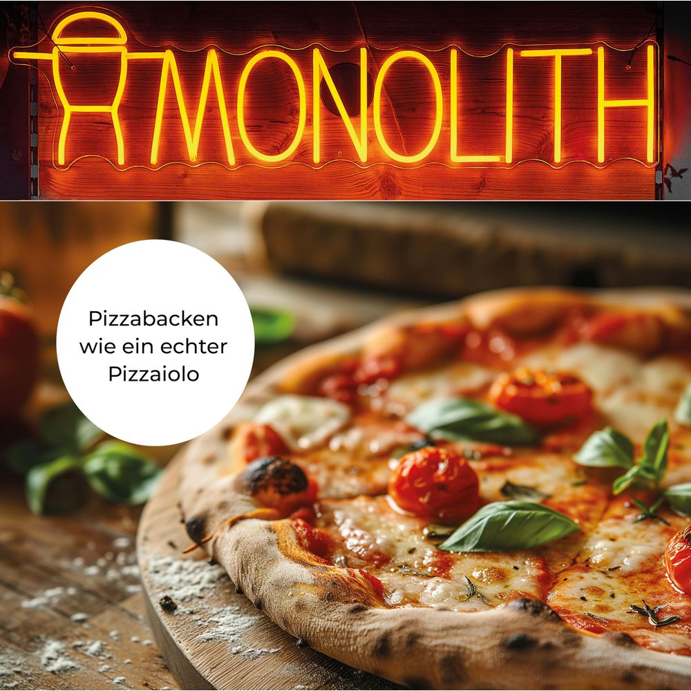 Insegna al neon sopra una pizza con pomodori e basilico.
