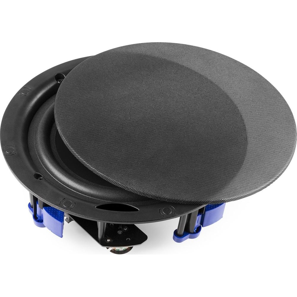Un altavoz negro de techo con soporte de montaje azul.