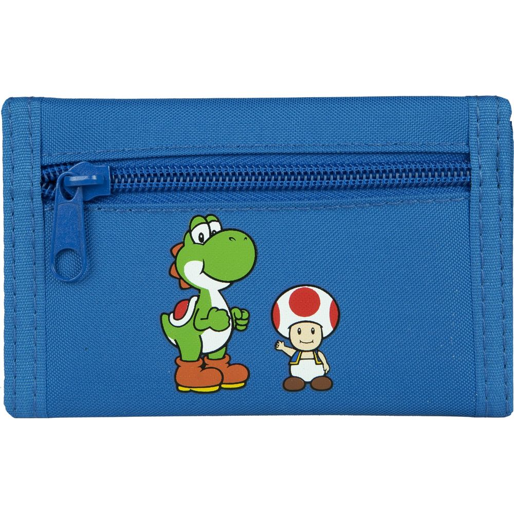 Blauwe portemonnee met Yoshi en Toad-personages van Mario. Ritsluiting.