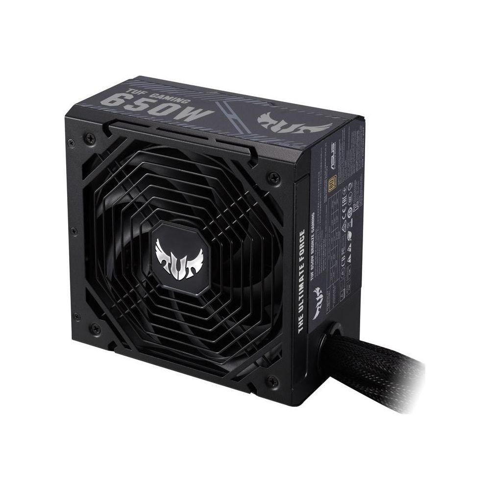 Een zwarte 650W TUF Gaming voeding met ventilator en logo.
